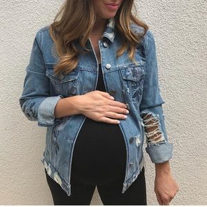 Floral embroidered ripped denim jacket